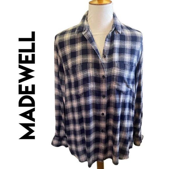 Madewell Blue& Gray Checkered Oversized Plaid Flannel Women’s Button Front Shirt - Picture 1 of 11